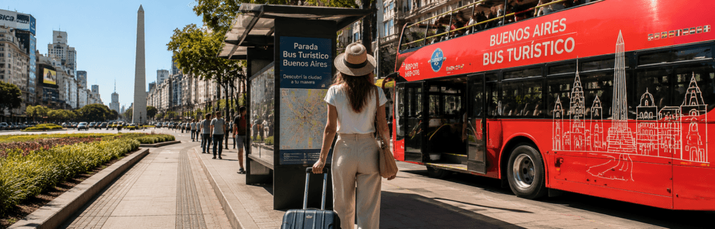 Turista con valija en la Parada del bus turístico