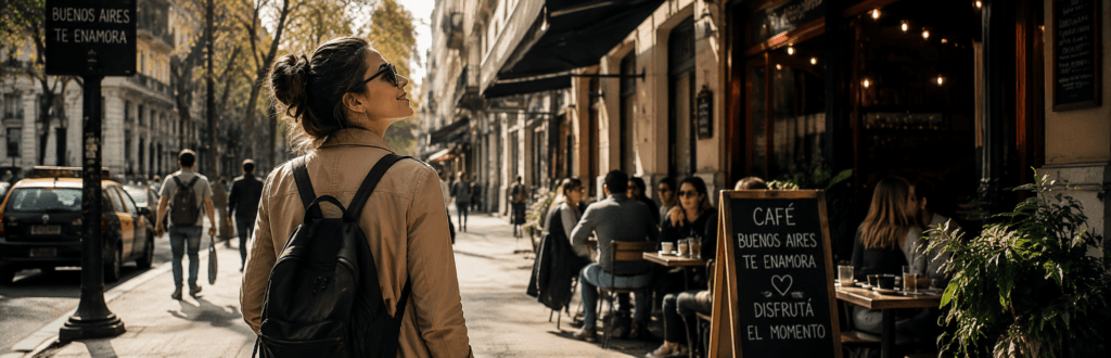 Turista disfrutando Buenos Aires sin cargar equipaje antes del vuelo