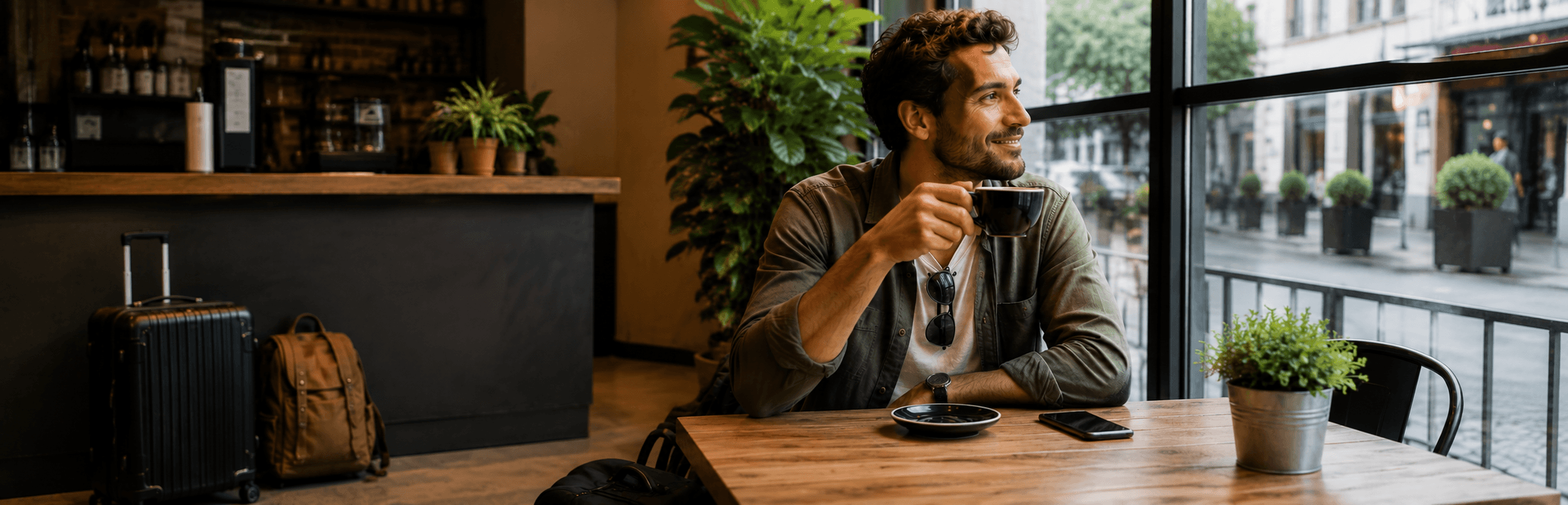 Viajero tomando un café mientras aprovecha su tiempo libre sin cargar equipaje durante una escapada.