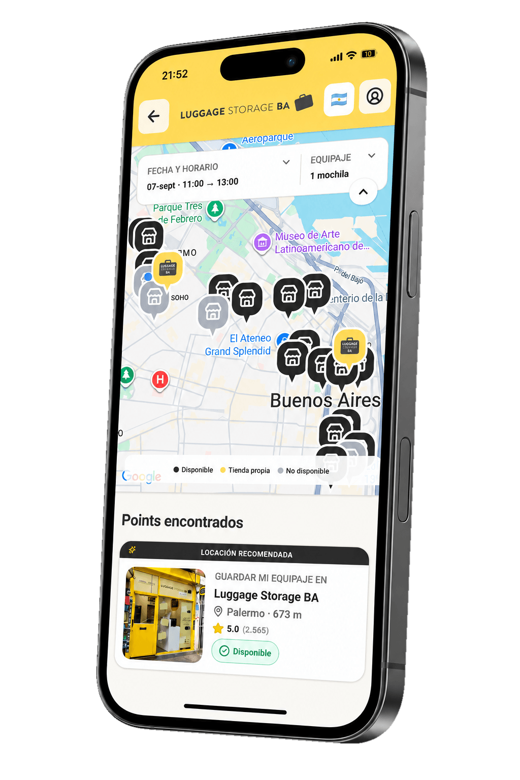 Aplicación de Luggage Storage BA mostrando Points disponibles en Buenos Aires