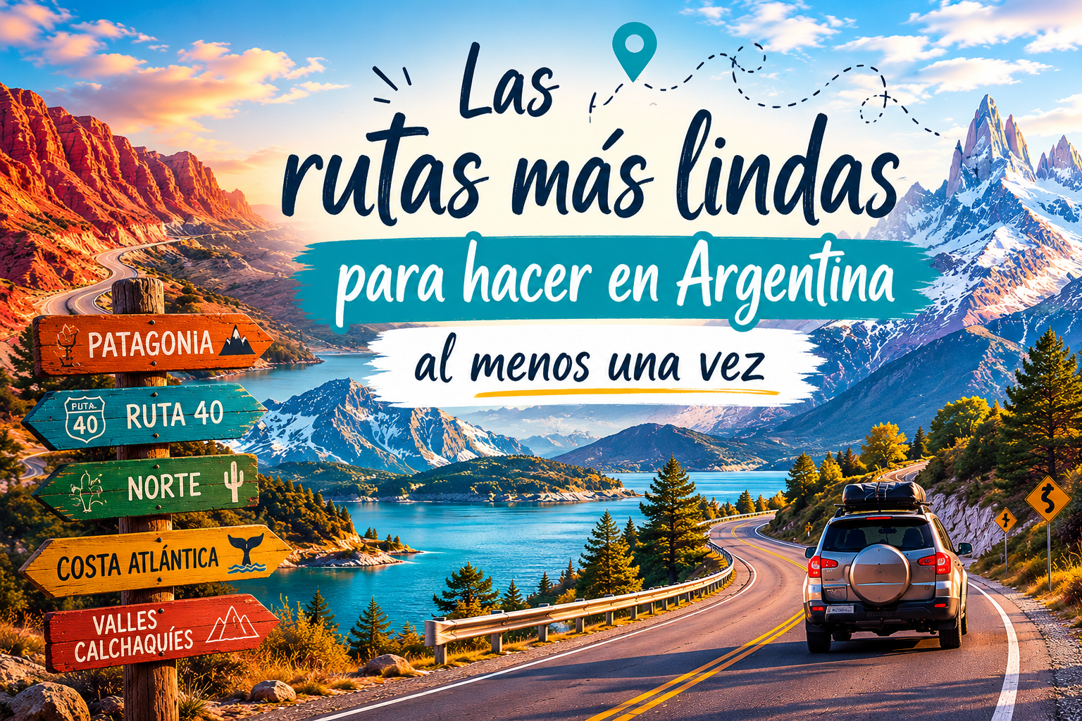 Ruta panorámica en la Patagonia argentina con montañas, lagos y la mítica Ruta 40
