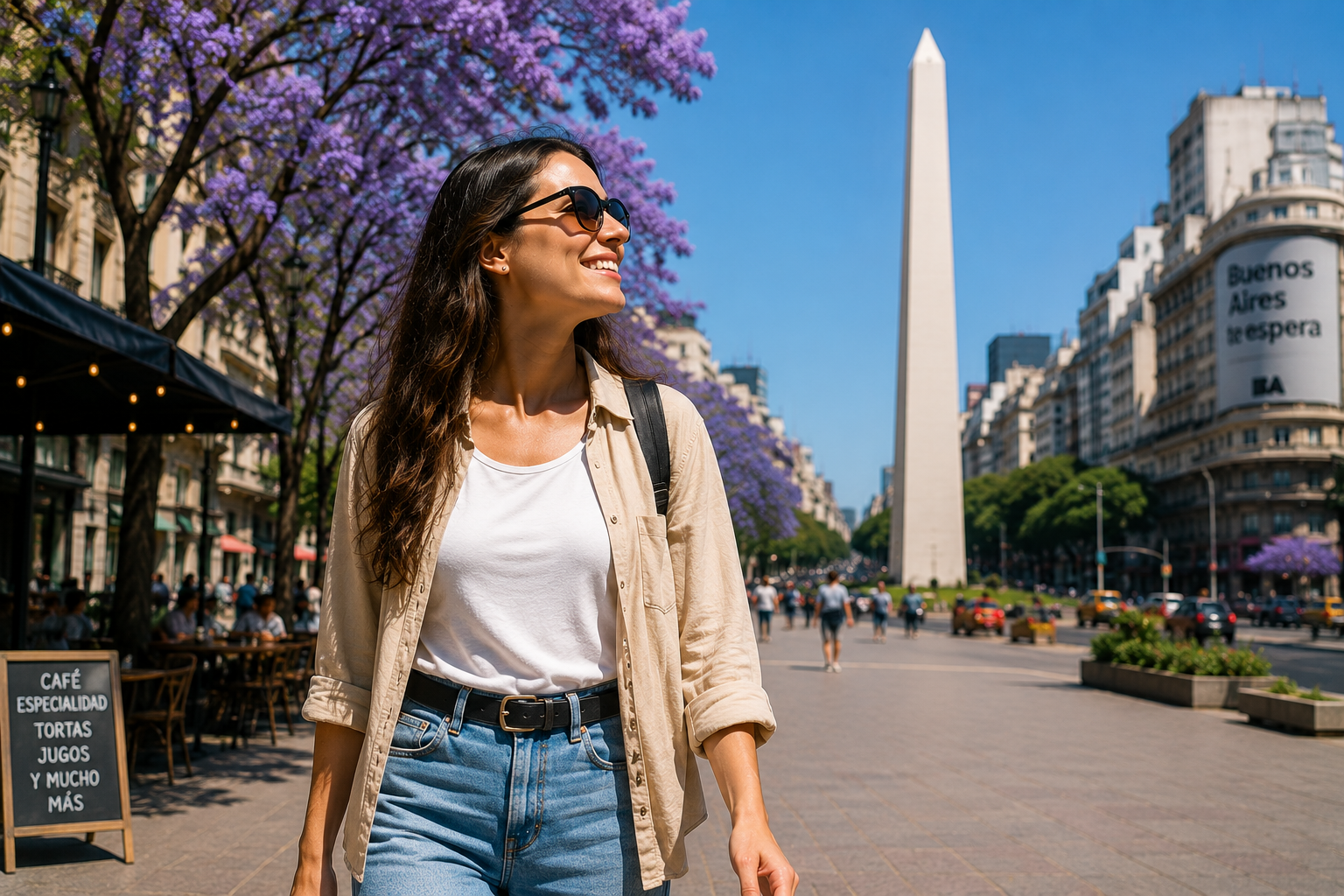 Mujer recorriendo Buenos Aires antes de un vuelo