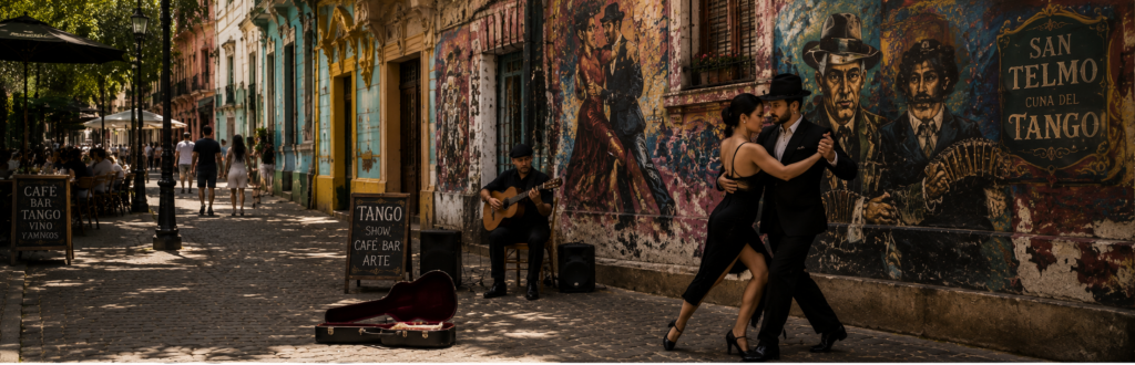 Imagen panorámica de Plaza Dorrego en San Telmo con calles empedradas, cafés al aire libre, puestos de antigüedades y una pareja bailando tango