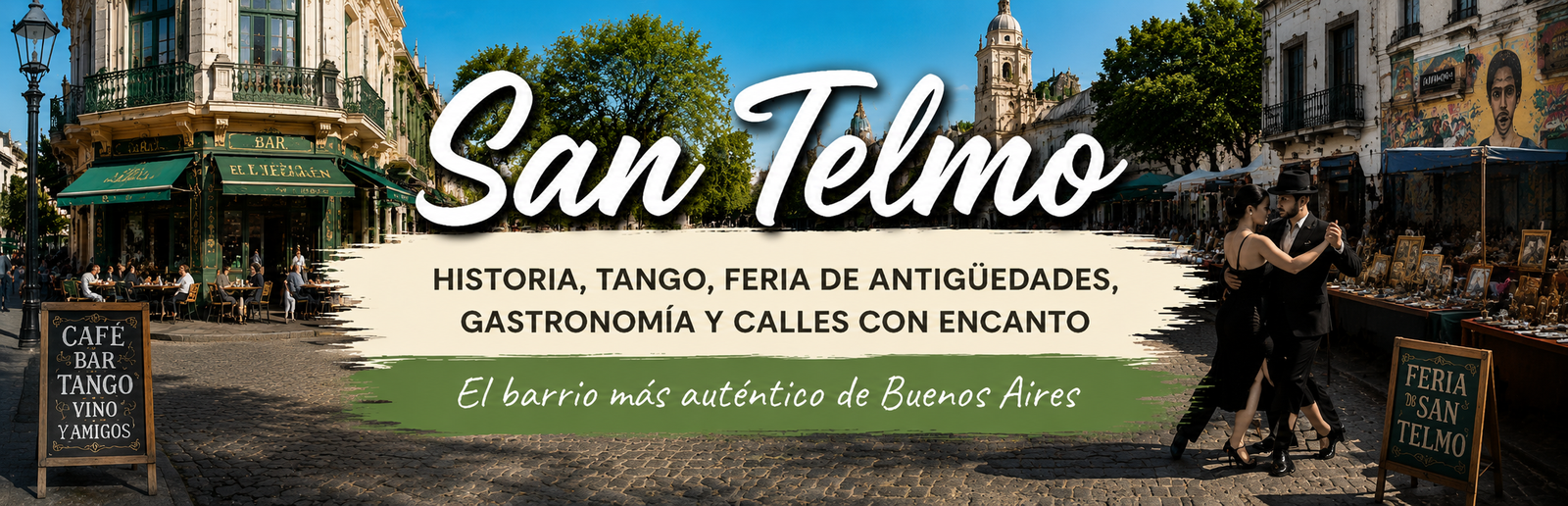 San Telmo en Buenos Aires con feria de antigüedades, tango y cafeterías históricas