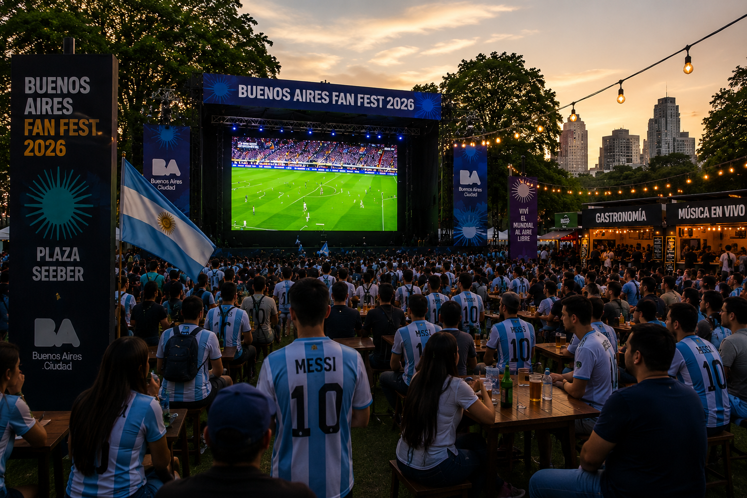 Buenos Aires Fan Fest 2026 en Plaza Seeber al atardecer
