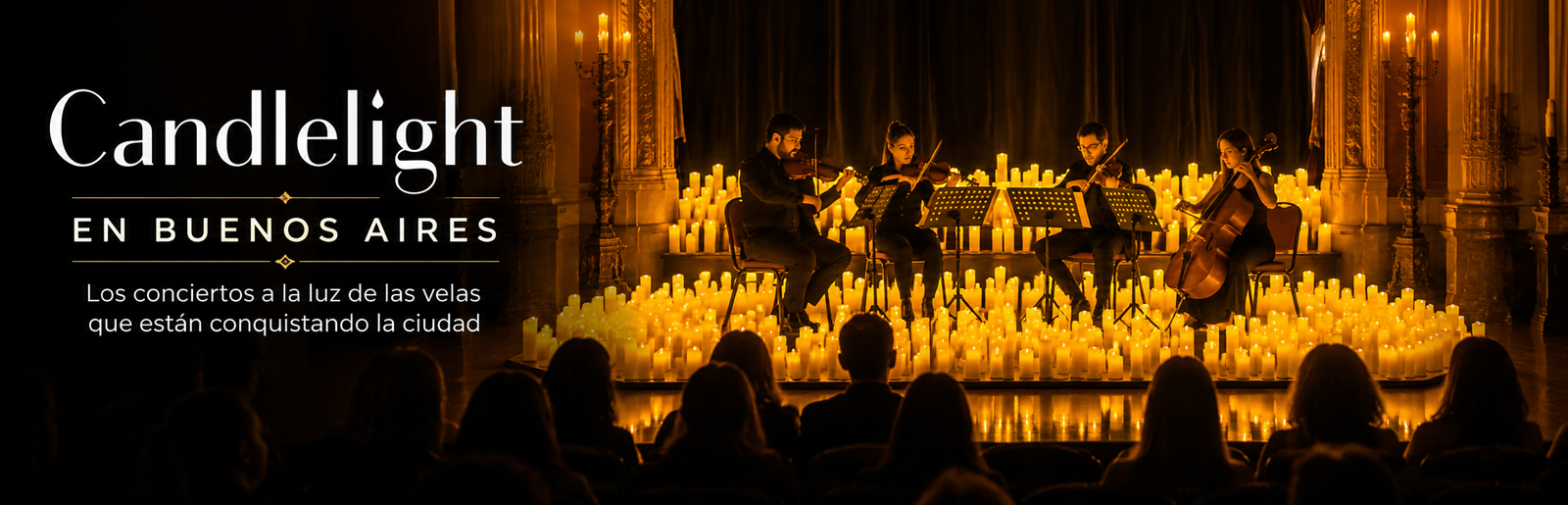 Concierto Candlelight en Buenos Aires con cuarteto de cuerdas rodeado de velas en un edificio histórico
