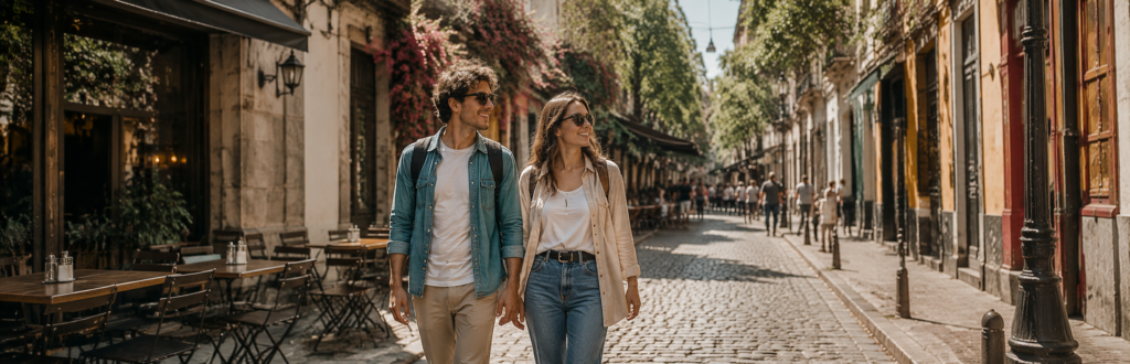 Turistas recorriendo San Telmo después de guardar su equipaje en Buenos Aires