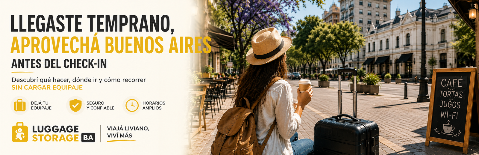 Turista con valija y café recorriendo una calle de Buenos Aires antes del horario de check-in, aprovechando la ciudad sin cargar equipaje.