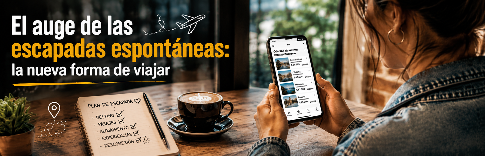 Persona buscando ofertas de viaje desde su celular en una cafetería para organizar una escapada espontánea.