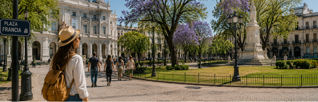 Turista recorriendo Recoleta durante las horas previas al check-in en Buenos Aires