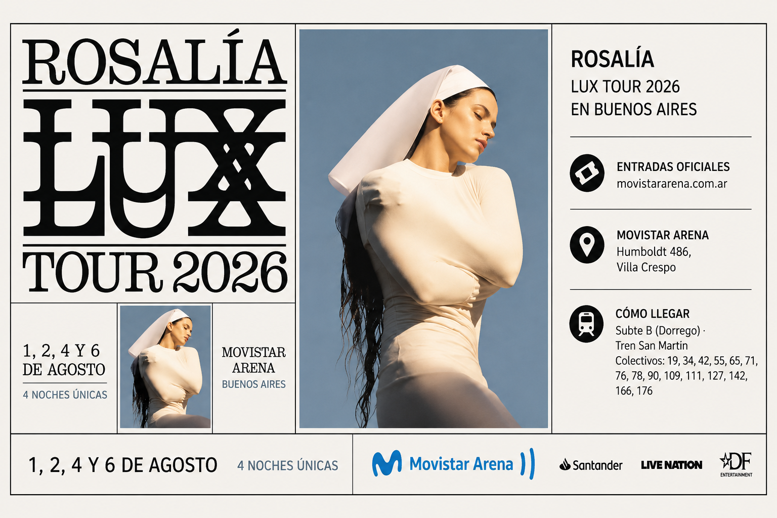 Rosalía en Buenos Aires 2026 durante el LUX Tour con cuatro fechas confirmadas en el Movistar Arena