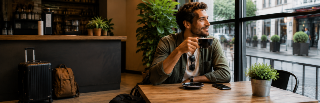 Viajero tomando un café mientras aprovecha su tiempo libre sin cargar equipaje durante una escapada.