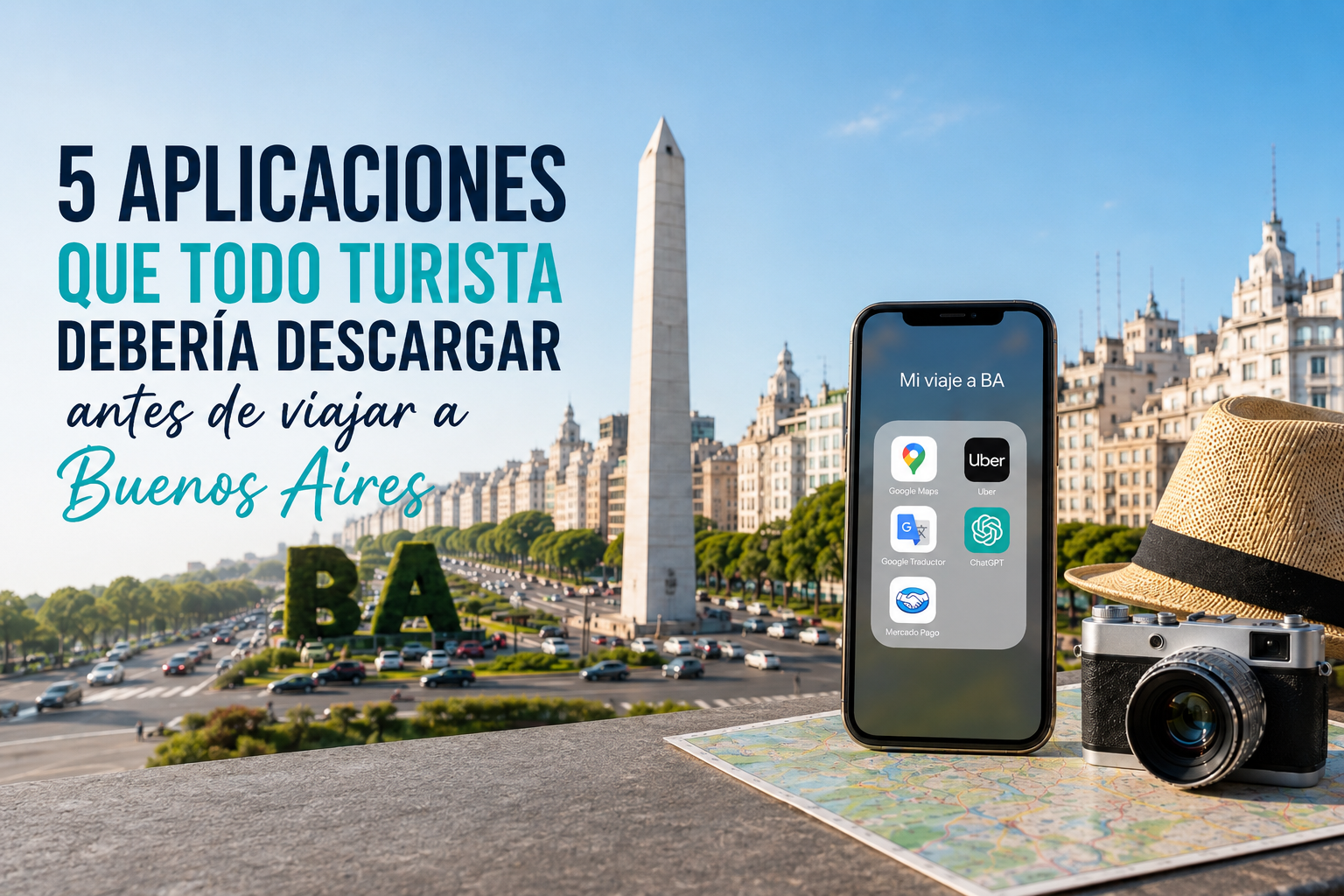 5 aplicaciones recomendadas para turistas antes de viajar a Buenos Aires, con un celular mostrando apps frente al Obelisco.