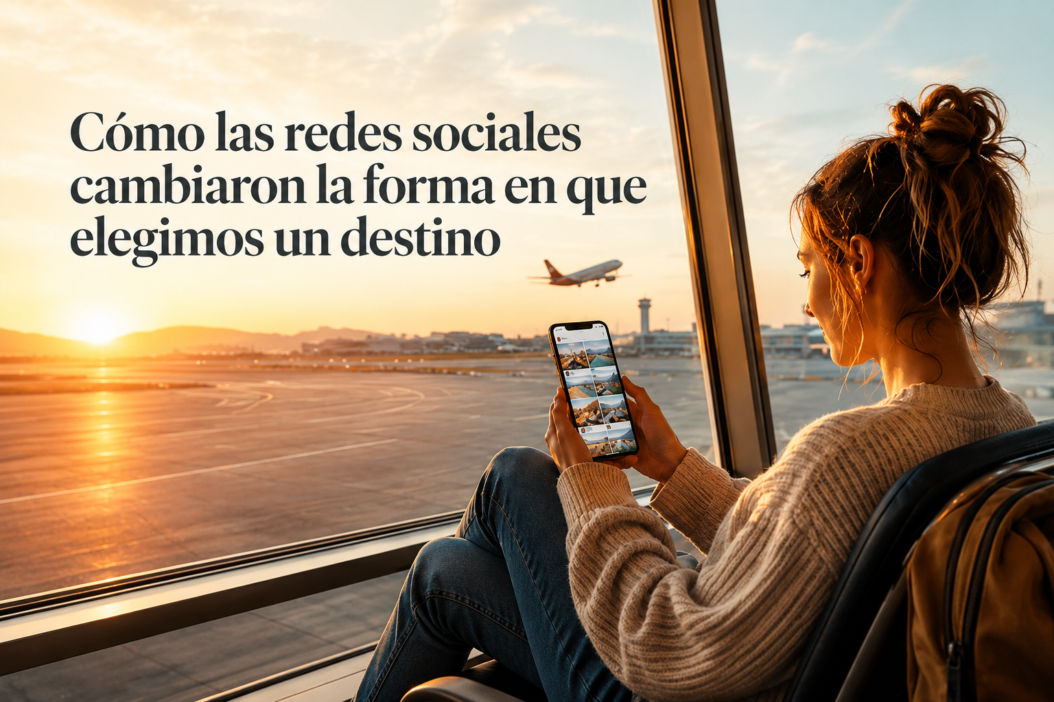 Redes sociales y viajes influyendo en la elección de un destino desde un aeropuerto.