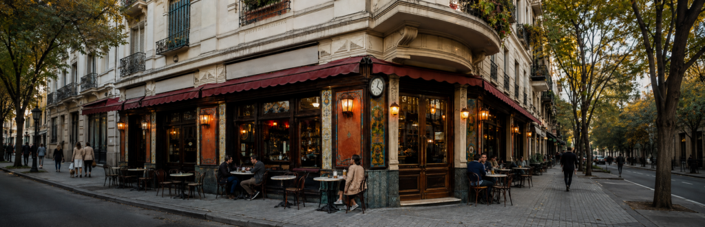 Fachada de un Bar Notable porteño con mesas en la vereda y arquitectura histórica.
