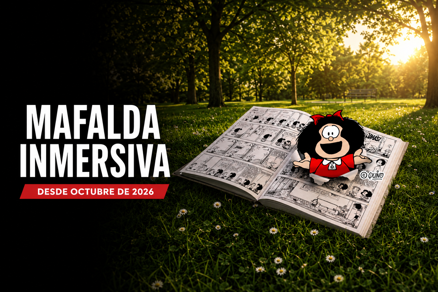 Libro de historietas con Mafalda y el anuncio de Mafalda Inmersiva desde octubre de 2026.