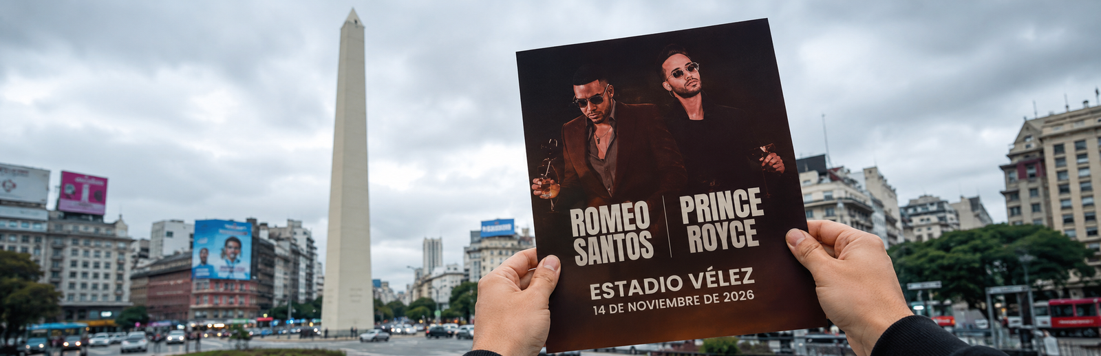 Romeo Santos y Prince Royce en Vélez 2026, flyer del recital frente al Obelisco.